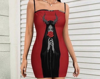 Gothic Horned Goddess Bodycon Dress – Crimson Rose, Dark Romance