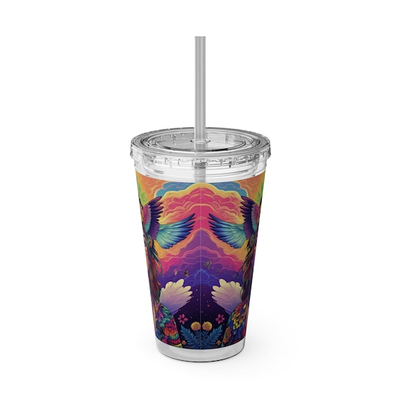 Artistic Sunbeam Tumbler | Colorful Travel Cup with Straw, Unique Gift Idea for Her