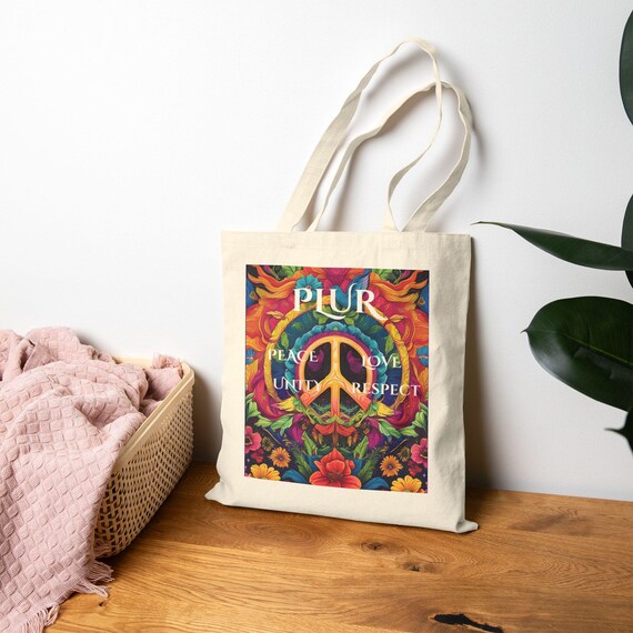 Colorful PLUR Peace Love Respect Cotton Canvas Tote Bag | Eco-Friendly Shopper, Festival Accessory, Gift for Friends