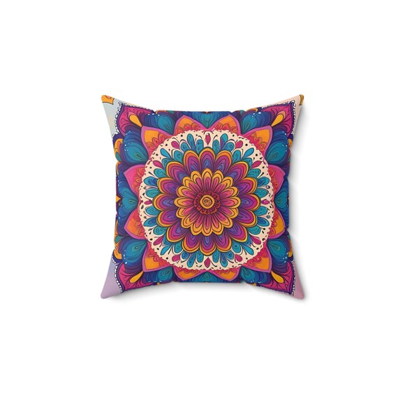 Boho Vibes: Vibrant Mandala Square Pillow for Yoga Lovers and Cozy Spaces