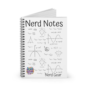May include: A white spiral-bound notebook titled "Nerd Notes" with black lettering. The cover is covered in mathematical equations and diagrams. The notebook has a black spiral binding and the words "Nerd Gear" are at the bottom.