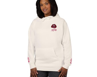 Sequined Kiss Lip Design Hoodie | Coral pullover, rhinestone lips, sleeve accents