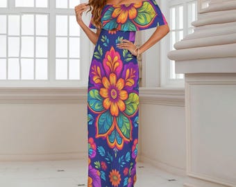 Vestido largo con estampado floral psicodélico / Volante arcoíris azul marino