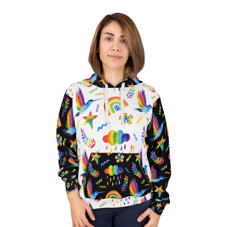 Artistic Apparel - Sudadera unisex con capucha arcoíris acogedora: ropa de estar colorida para todos los días imagen 1