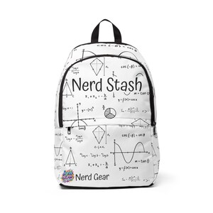 May include: White backpack with black straps and a top handle. The backpack is covered in mathematical equations, geometric shapes, and the words "Nerd Stash" and "Nerd Gear".
