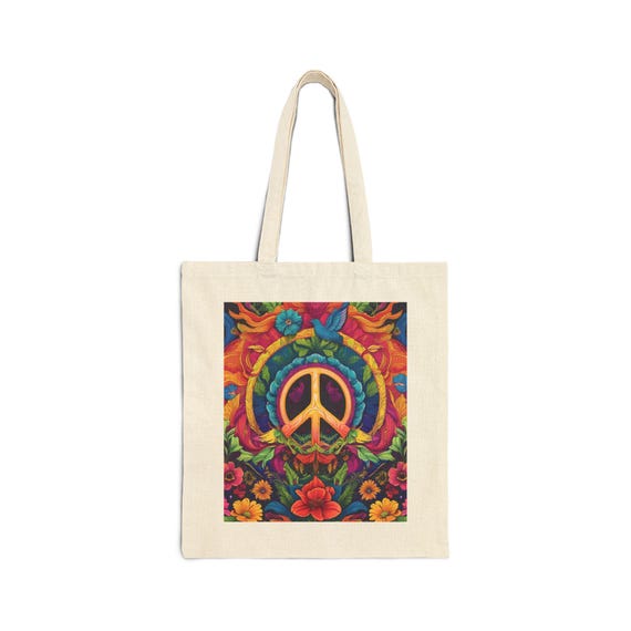 Eco-Friendly Hippie Tote: Colorful Peace Symbol Canvas Bag