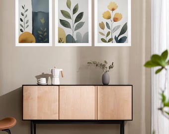Abstract Botanical Prints - Sage, Indigo, Gold - Set of 3