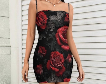 Gothic Rose Bodycon Mini Dress – Dark Floral Cami Dress