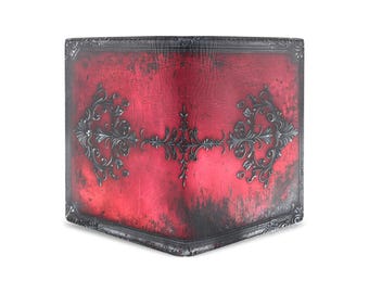 Vintage Crimson Filigree Bifold Wallet – Gothic Romance Leather