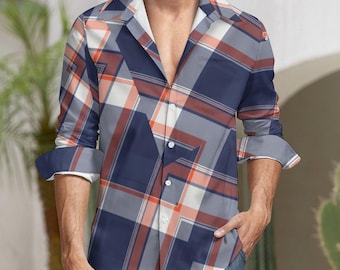 Camisa de cuadros abstractos azul marino y óxido para hombre / Estampado geométrico único abotonado tallas S-5XL