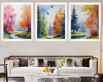 Watercolor Autumn Landscape Print Set: Fall Forest Scenery, Cozy Home Gallery Wall