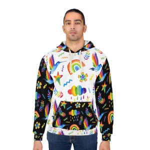 Artistic Apparel - Sudadera unisex con capucha arcoíris acogedora: ropa de estar colorida para todos los días imagen 4