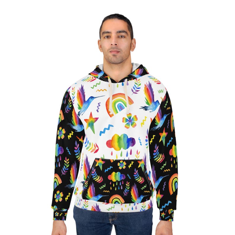 Artistic Apparel - Sudadera unisex con capucha arcoíris acogedora: ropa de estar colorida para todos los días imagen 4