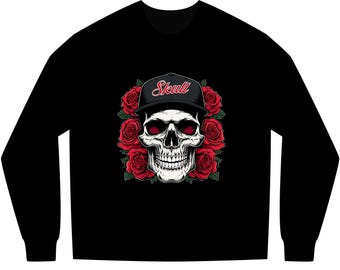 Skull with Roses Long Sleeve Tee | Skull Cap Graphic, Red Rose Design