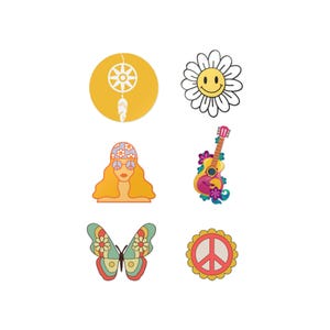 May include: A collection of colorful, retro-style stickers featuring a dreamcatcher, a smiling daisy, a woman with sunglasses, a guitar, a butterfly, and a peace sign. The stickers have a vintage, groovy aesthetic.