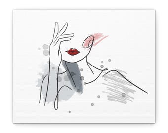 May include: Canvas art print with a minimalist line drawing of a person. The artwork features red lips, a hand near the face, and gray and pink watercolor accents with gray splatters on a white background.