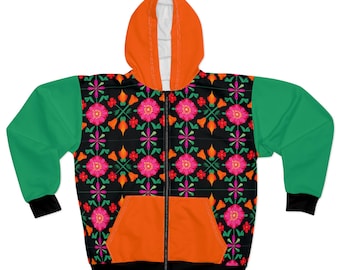 Floral Folk Pattern Hoodie | Colorblock Zip Hoodie