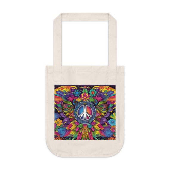 Bohemian Chic Tote Bag: Vibrant Peace Sign Design, Sustainable Canvas, Perfect Gift for the Eco-Conscious Shopper