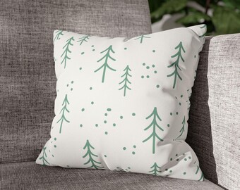 Faux Suede Pillow Cover, Green Trees Pattern, Winter Home Decor