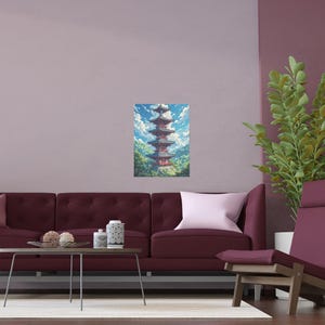 Serene Silk Art Poster, Indoor/Outdoor Silk Posters, Japanese Pagoda Art, Wall Decor, Aesthetic Home Design, Gift for Nature Lovers