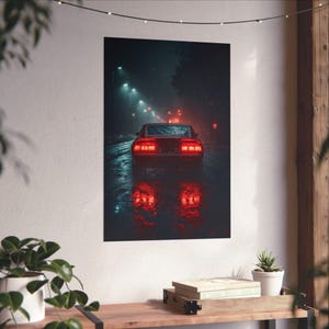 Urban Night Car Poster, matter vertikaler Kunstdruck, stimmungsvolle Wohnkultur, Vintage Auto-Wandkunst, Geschenk für Autoliebhaber, ästhetischer Raum