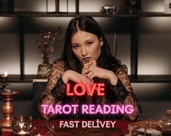 May include: A woman holding a tarot card, with the words "LOVE TAROT READING FAST DELIVEY" in neon pink and red. The scene includes candles, a red tablecloth, and decorative items, suggesting a spiritual or fortune-telling theme.