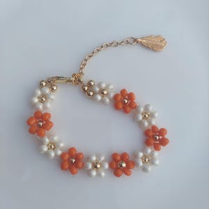 Autumn’s Whisper Bracelet – Handmade Beaded Flower Jewelry – Orange and White Bracelet Gift for Her