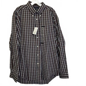 May include: A long-sleeved button-down shirt in a plaid pattern of burgundy, navy, and white. The shirt has a button-down collar, a chest pocket, and a hang tag. The shirt is hanging on a white hanger.