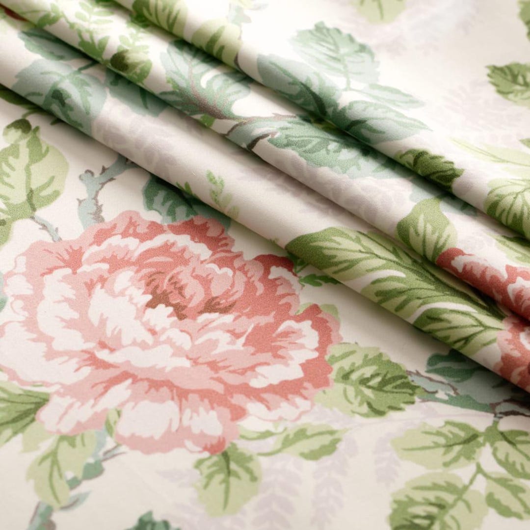 Pink Peach Salmon Shabby Rose Floral Cotton Fabric Large Vintage Garden ...