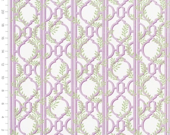 May include: A repeating pattern featuring a trellis design in lavender and white. The trellis is adorned with green leafy vines. The design is measured in inches, with a scale from 0 to 24 inches.