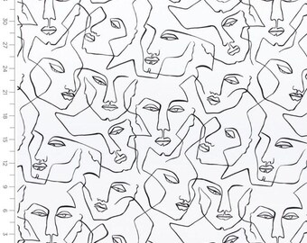Abstract Face Cotton Fabric Line Art Print Modern Black White Textile PFAS Free | Drapery & Upholstery Fabric By The Yard Maximalist Mod