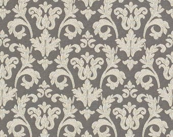 May include: A seamless pattern of a gray fabric with an off-white damask design. The damask pattern features stylized floral and leaf motifs, creating a classic and elegant look. The fabric has a subtle texture.