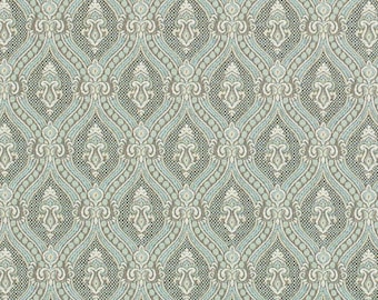May include: A repeating pattern of ornate, teardrop-shaped designs in shades of teal, gray, and off-white. The fabric has a textured appearance, with a subtle, dotted background. The overall design is reminiscent of classic damask.