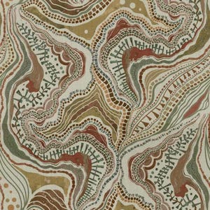 May include: Abstract fabric pattern in shades of brown, green, and beige. The design features flowing, organic shapes with intricate details, including dotted lines and stylized leaf-like elements. The overall aesthetic is earthy and textured.