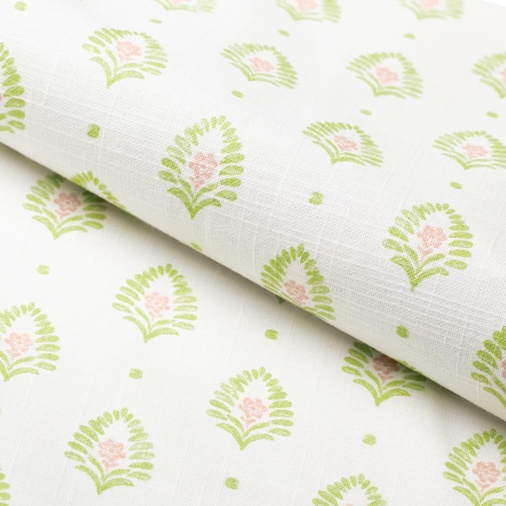 Green and Blush Small Floral Flowers Pattern Cotton Upholstery Fabric Subtle Decorative Print Drapery Bedding Fabric by the Yard