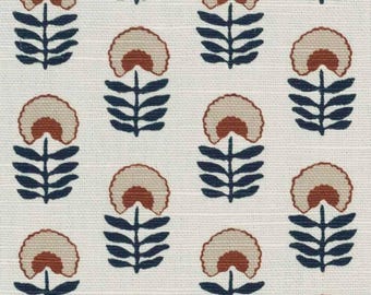 Orange Spice Ivory – Modern Floral Small Print on Ivory Linen Cotton Rayon Blend Upholstery Fabric By The Yard Maximalist Cottage Flowers