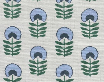 Blue Navy Green – Modern Floral Small Print on Ivory Linen Cotton Rayon Blend Upholstery Fabric By The Yard Maximalist Cottage Flowers