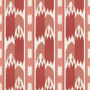 May include: A fabric with a repeating vertical pattern. The design features alternating stripes of red, coral, and off-white. The red stripes have a textured, ikat-like appearance, with a jagged edge at the top. The coral stripes are solid, and the off-white stripes are rectangular.