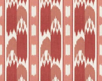 May include: A fabric with a repeating vertical pattern. The design features alternating stripes of red, coral, and off-white. The red stripes have a textured, ikat-like appearance, with a jagged edge at the top. The coral stripes are solid, and the off-white stripes are rectangular.
