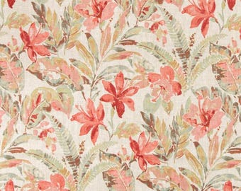 Tropical Coral Salmon Pink Peach Green Floral Fern Performance Upholstery Fabric By The Yard Leafy Heavy Duty Coastal Boho Stain Resistant