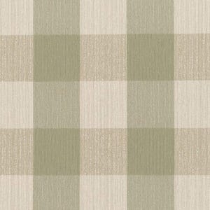 May include: A close-up of a fabric with a large plaid pattern. The pattern features alternating squares of light beige and muted green. The fabric has a textured appearance, suggesting a woven material suitable for home decor or apparel.