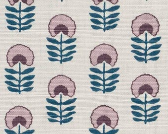Pink Mauve Blue Ivory – Modern Floral Small Print on Ivory Linen Cotton Rayon Blend Upholstery Fabric By The Yard Maximalist Cottage Flowers