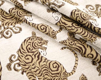 Gold Ivory Tiger Fabric | Mythical Animal Print Plush Upholstery | PFAS Free 54" Wide | Bold Purple Statement Fabric by the Yard Maximalist