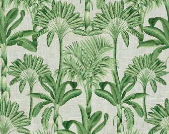 Tropical Palm Tree Frond Leaf Fabric in Green – Large Botanical Print Linen Cotton - Casual Coastal Beachy Upholstery Fabric By The Yard