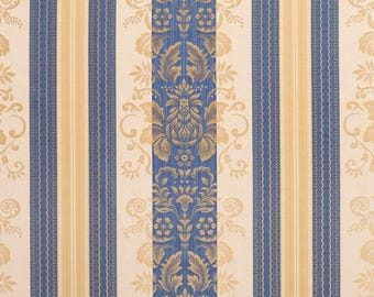 Blue Gold Cream Striped Damask Upholstery Fabric Classic European French Maximalist Design Drapery Bedding Traditional Decor Cobalt Regal