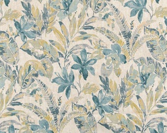 Tropical Coral Blue Gold Green Floral Fern Performance Upholstery Fabric By The Yard Leafy Heavy Duty Coastal Boho Stain Resistant