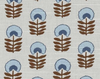 Blue Brown Ivory – Modern Floral Small Print on Ivory Linen Cotton Rayon Blend Upholstery Fabric By The Yard Maximalist Cottage Flowers