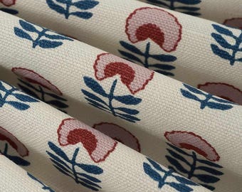 Red Purple Lavender Modern Floral Small Print Ivory Linen Cotton Rayon Blend Upholstery Fabric By The Yard Cottage Garden Flower Granny