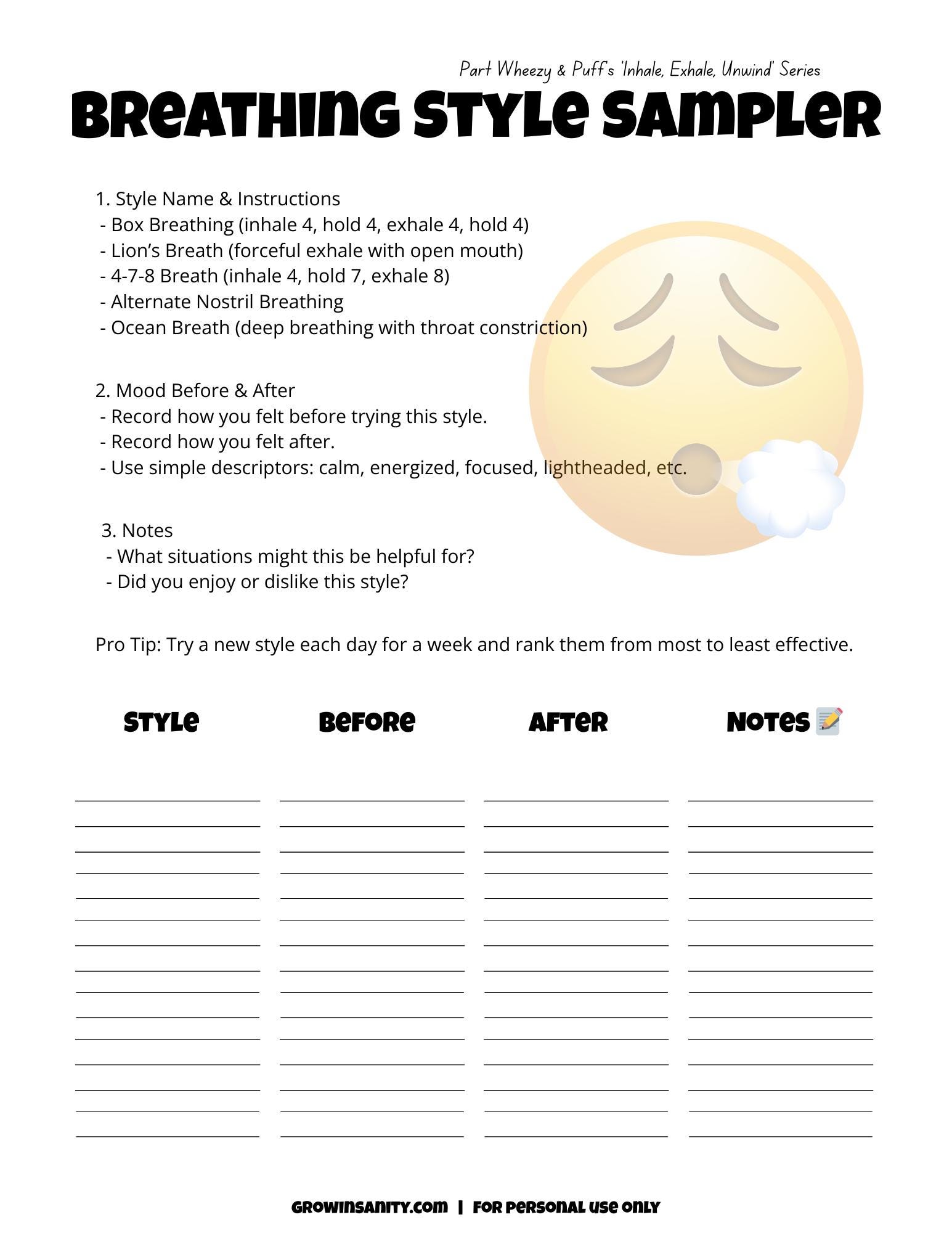 Breathing Style Sampler | Printable Breathwork Worksheet | Anxiety Relief & Calm PDF - Etsy Canada
