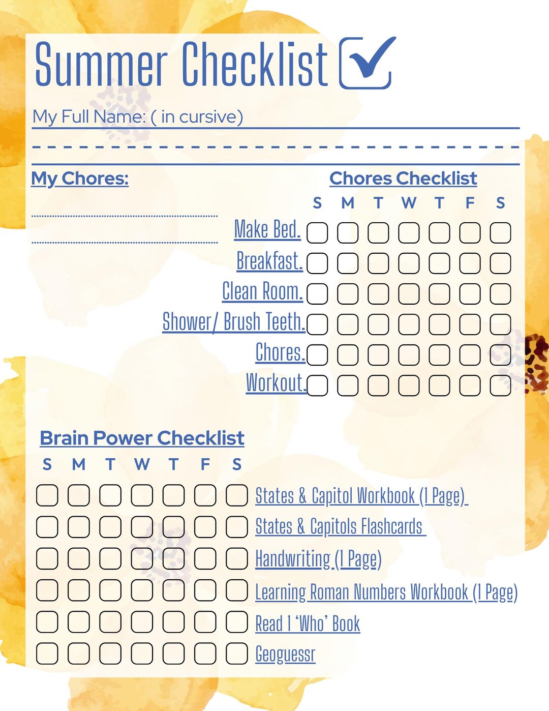 Kids Summer Chore Chart,daily Chart for Kids,kids Daily Checklist ...